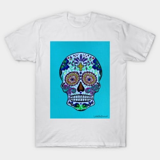 Dia de Los Muertos Skull on Aqua T-Shirt